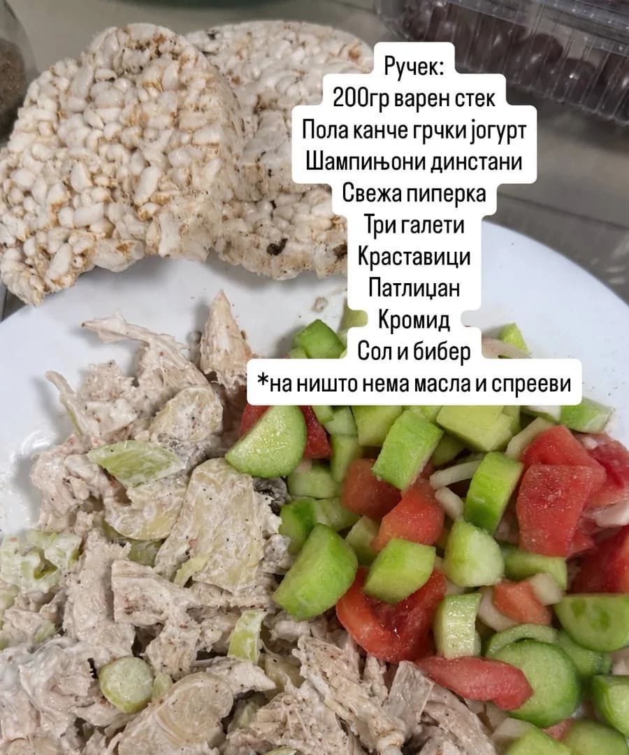 Ручак клијента: 200 г куваног меса, грчки јогурт, печурке, салата и три пиринчане галете, без уља